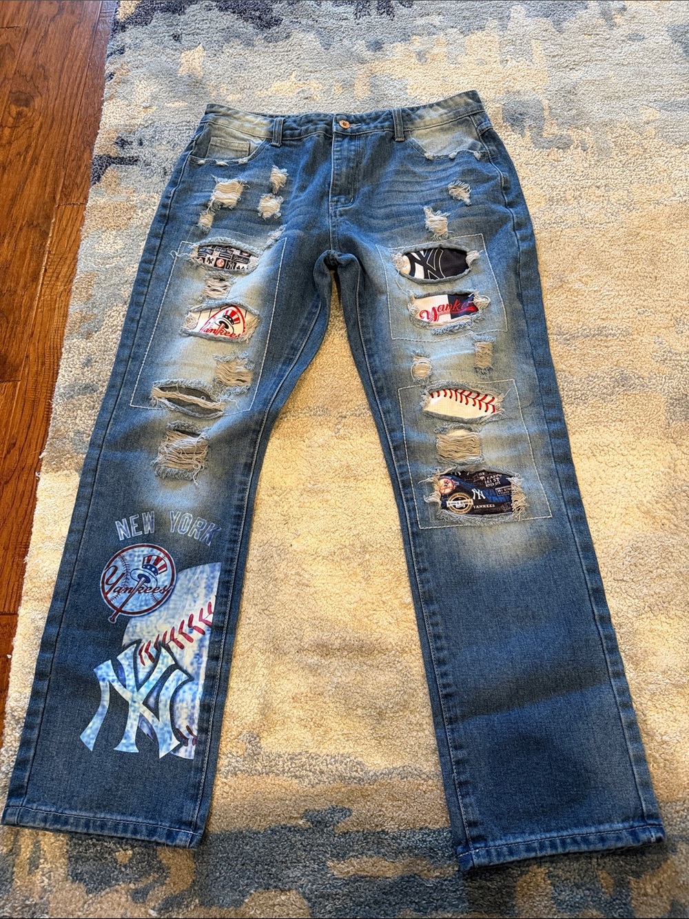 Straight Leg Distressed Blue Jeans with Patch Details - New York